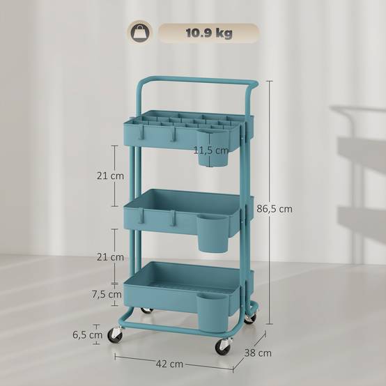 Chariot de service à roulettes avec crochets et boîtes suspendues, desserte mobile 42x38x86,5 cm bleu-vert pour cuisine salle de bain bureau moderne - Image 5