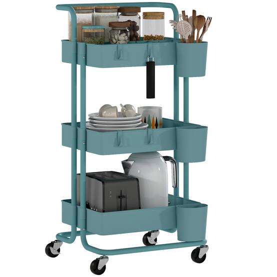 Chariot de service à roulettes avec crochets et boîtes suspendues, desserte mobile 42x38x86,5 cm bleu-vert pour cuisine salle de bain bureau moderne - Image 1