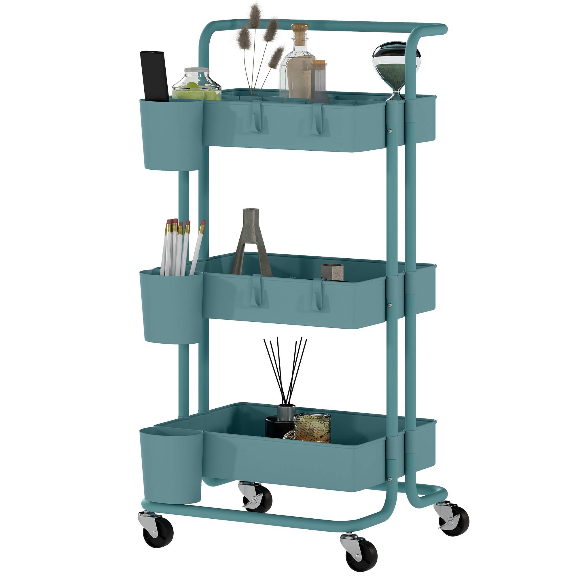 Chariot de service à roulettes avec crochets et boîtes suspendues, desserte mobile 42x38x86,5 cm bleu-vert pour cuisine salle de bain bureau moderne - Image 2