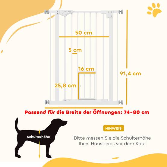 Barrière de porte avec chatière, sans perçage, largeur variable 74-80 cm, ouverture une main, métal, blanc - Image 5