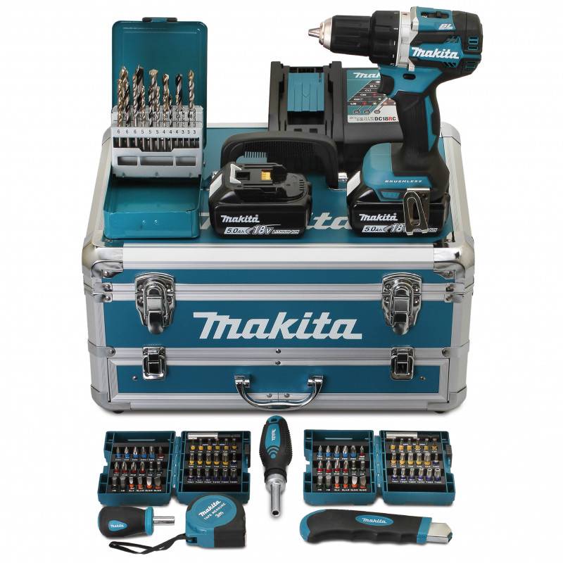 Makita - Perceuse visseuse 18V Ø13 mm - MAKITA - Avec 2 batteries LXT® 18V 5Ah + chargeur rapide + Coffret alu avec tiroir 96 accessoires - DDF484RTX6 - Image 1