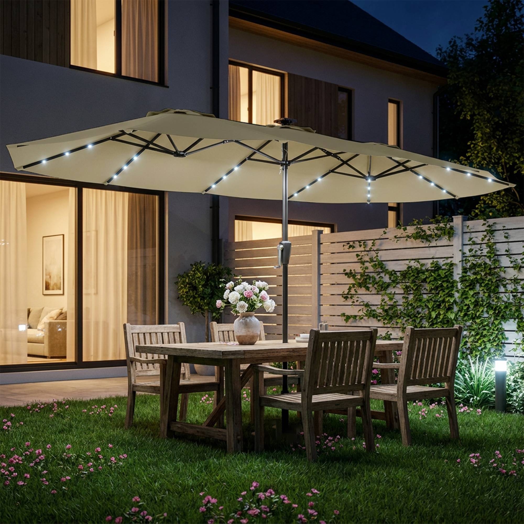 Parasol double de jardin 4 x 2 m avec 36 lumières LED, protection UPF50+, manivelle, 12 baleines, imperméable, beige - Image 3