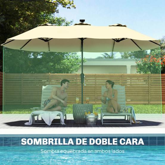 Parasol double de jardin 4 x 2 m avec 36 lumières LED, protection UPF50+, manivelle, 12 baleines, imperméable, beige - Image 7