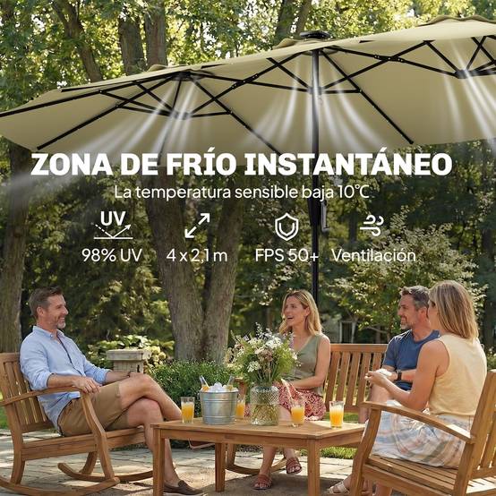 Parasol double de jardin 4 x 2 m avec 36 lumières LED, protection UPF50+, manivelle, 12 baleines, imperméable, beige - Image 8
