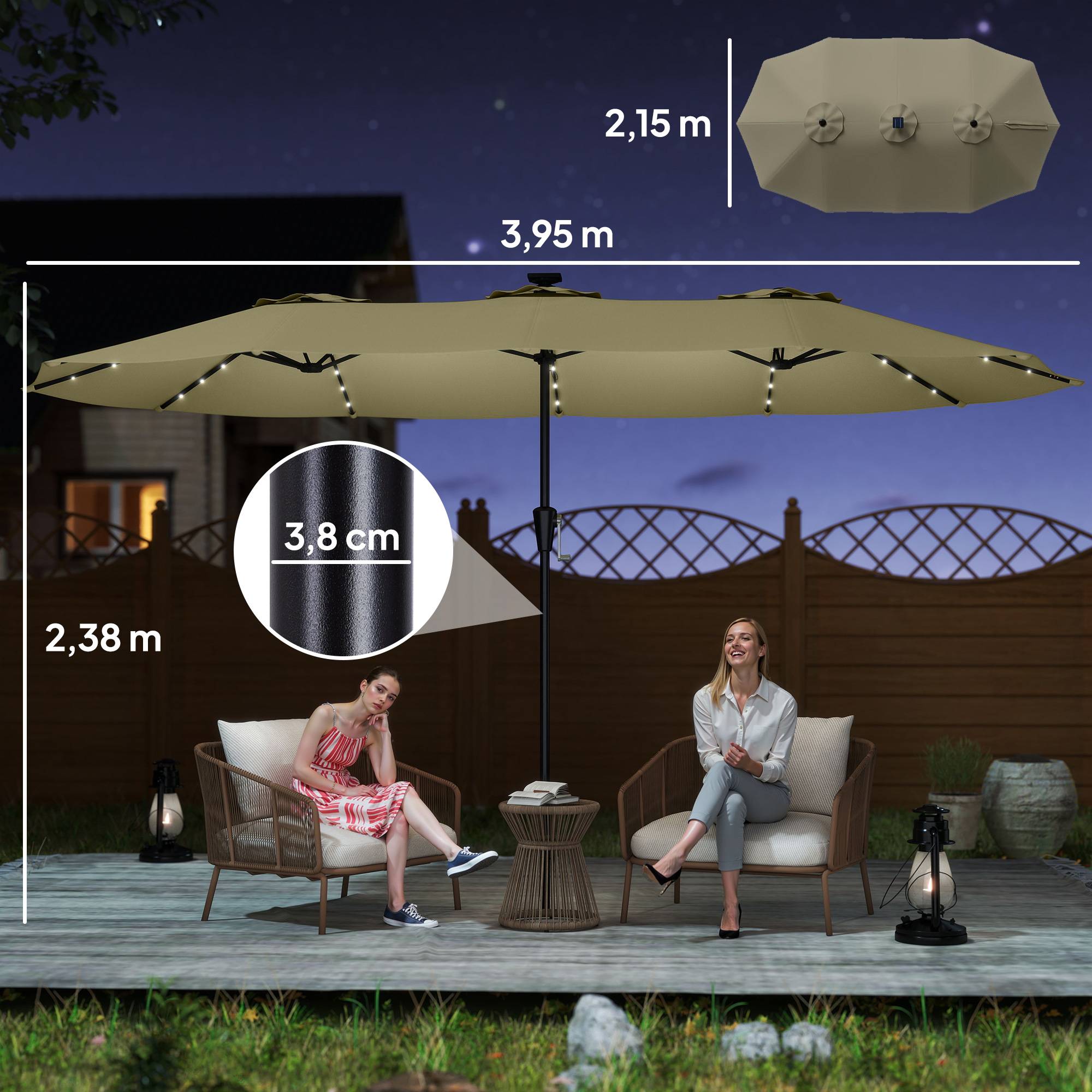 Parasol double de jardin 4 x 2 m avec 36 lumières LED, protection UPF50+, manivelle, 12 baleines, imperméable, beige - Image 5