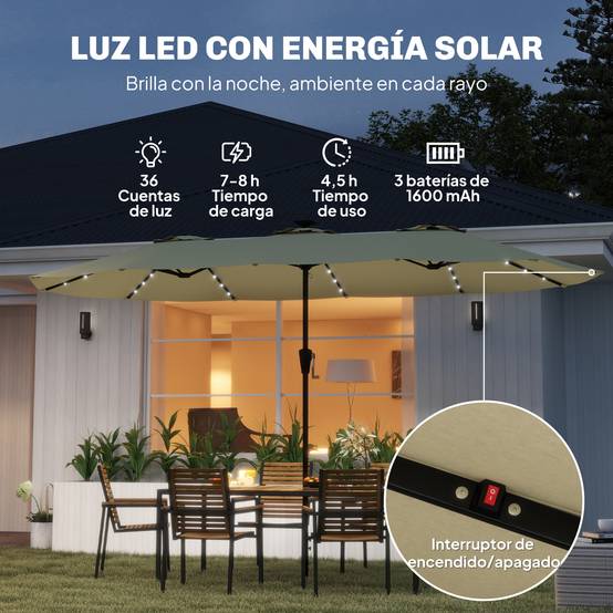 Parasol double de jardin 4 x 2 m avec 36 lumières LED, protection UPF50+, manivelle, 12 baleines, imperméable, beige - Image 6