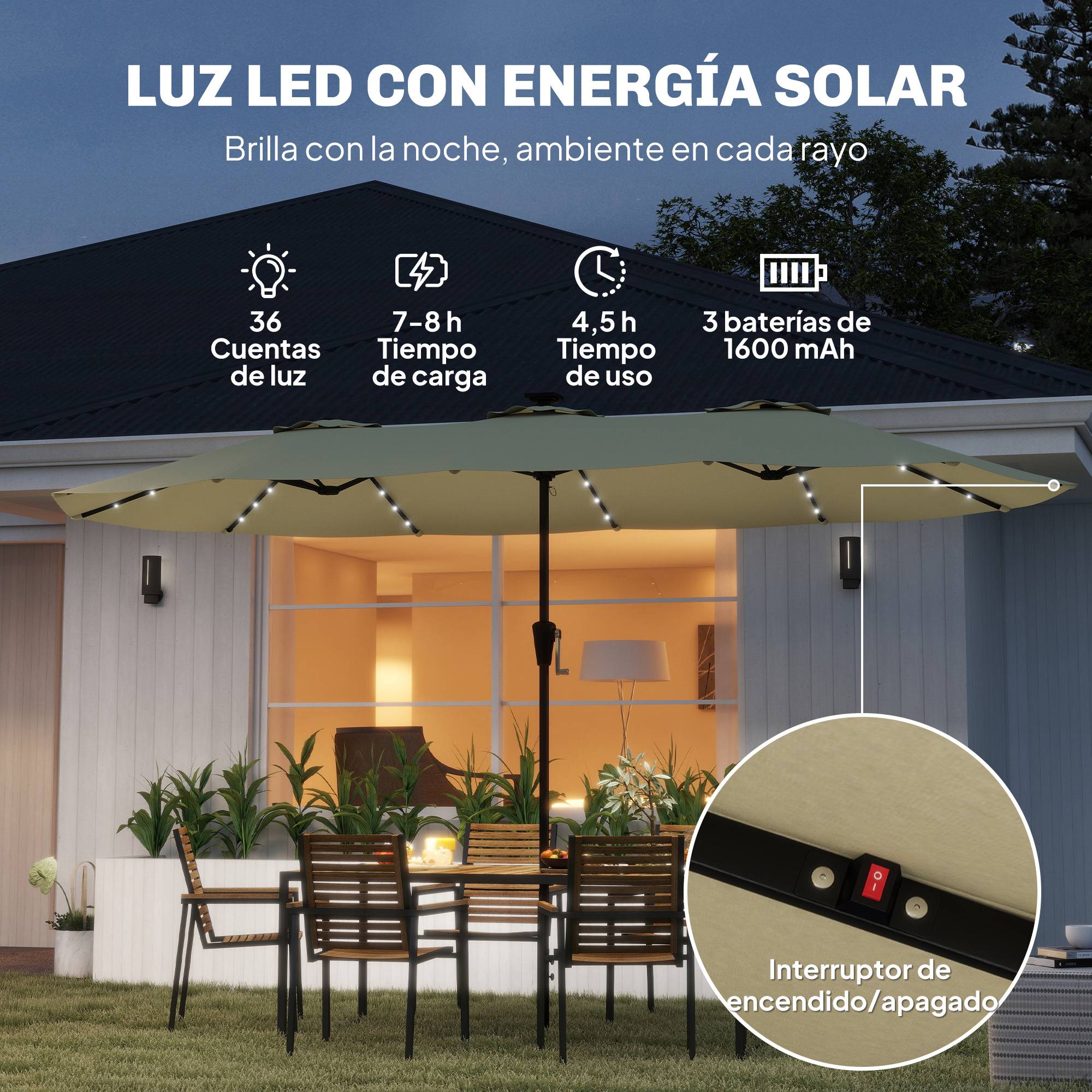 Parasol double de jardin 4 x 2 m avec 36 lumières LED, protection UPF50+, manivelle, 12 baleines, imperméable, beige - Image 6
