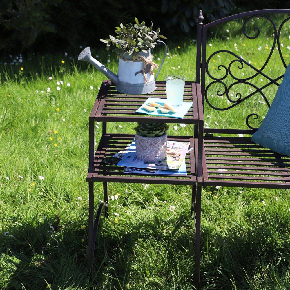 Banc et sa tablette de jardin en métal marron 95 x 46 x 92 cm Chemin de campagne - Image 3