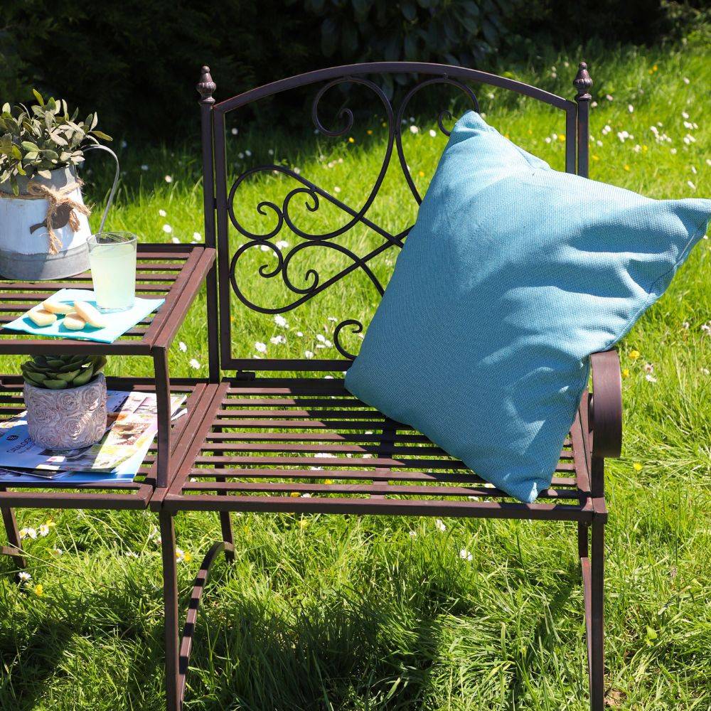 Banc et sa tablette de jardin en métal marron 95 x 46 x 92 cm Chemin de campagne - Image 4