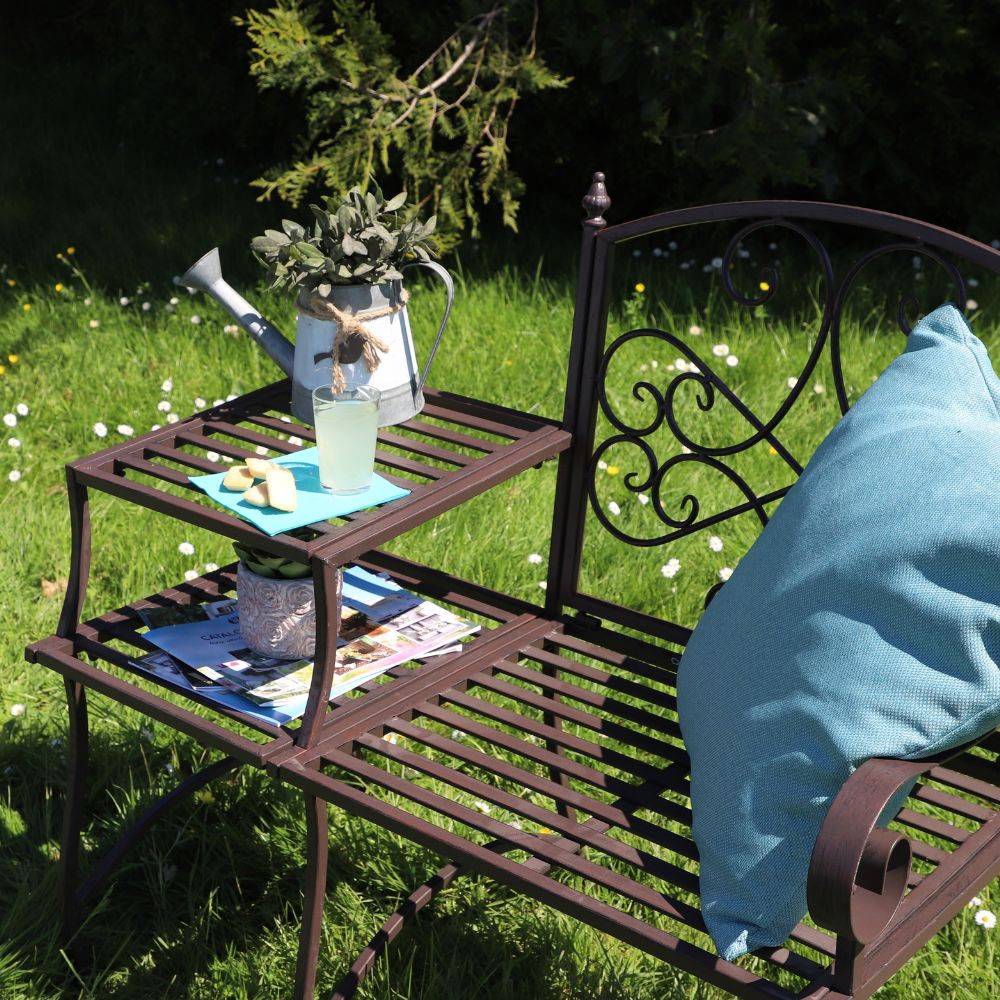 Banc et sa tablette de jardin en métal marron 95 x 46 x 92 cm Chemin de campagne - Image 5