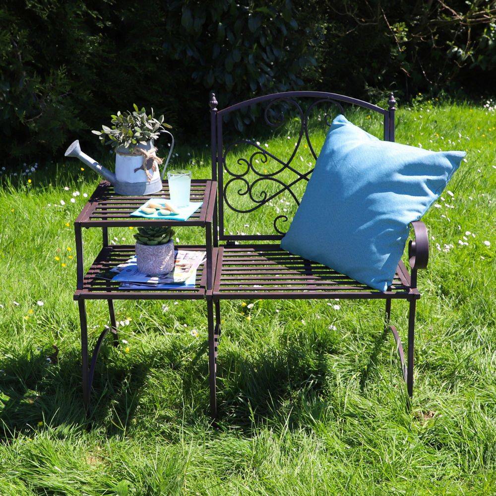 Banc et sa tablette de jardin en métal marron 95 x 46 x 92 cm Chemin de campagne - Image 2