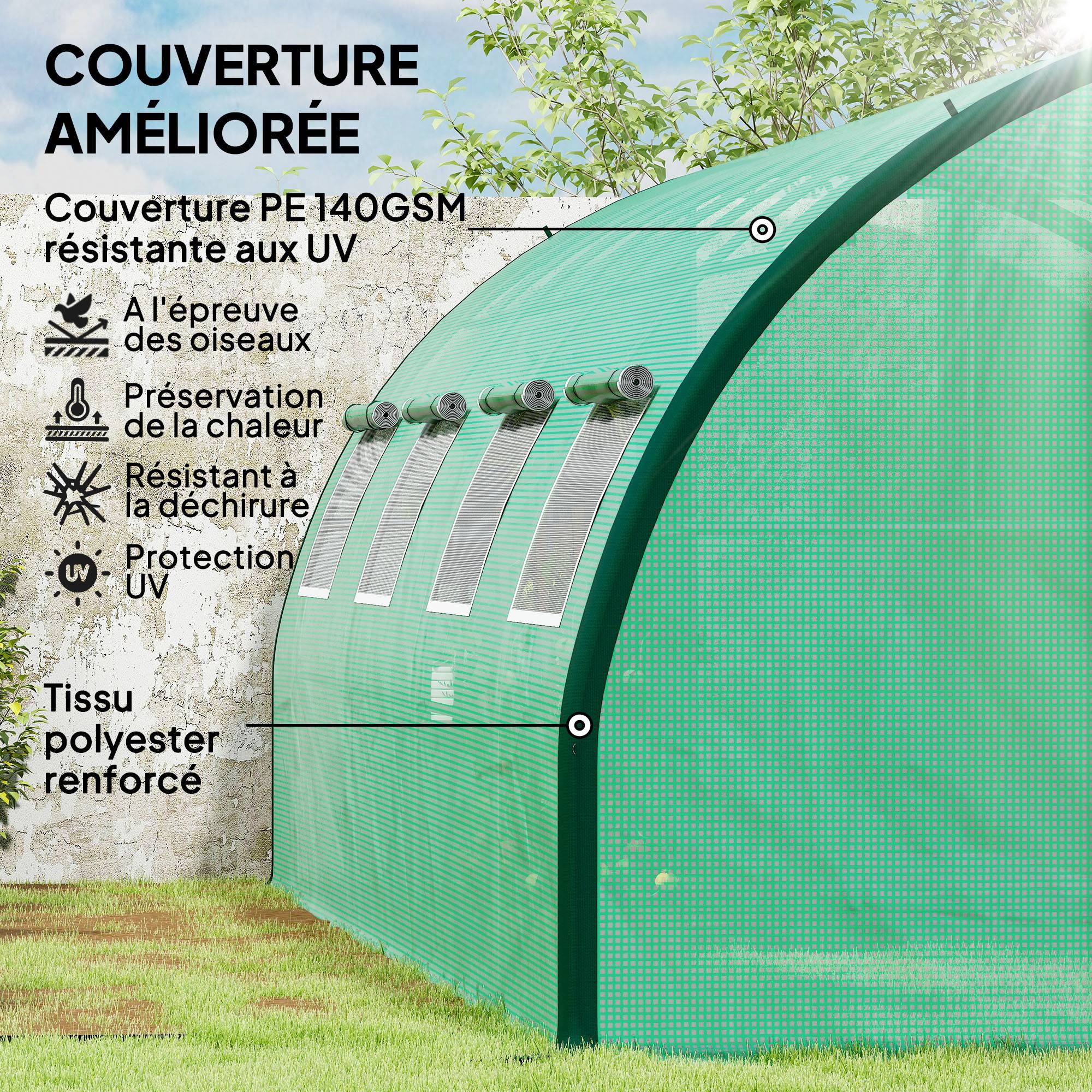 Sans Marque - Serre tunnel 18 m² 8 fenêtres 2 portes battantes acier galvanisé PE serre grande culture verte - Image 6