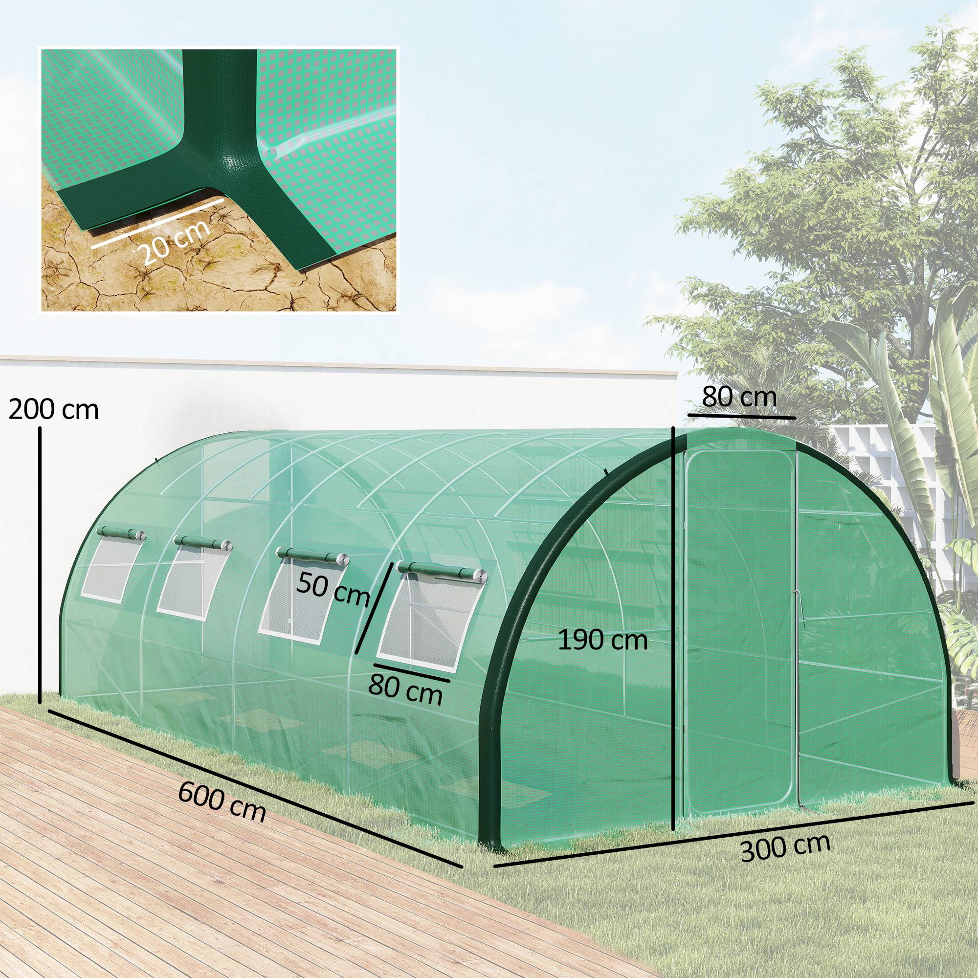 Serre de jardin tunnel serres tunnel 18 m² 8 fenêtres 2 portes articulées toile PE structure en fer galvanisé vert - Image 5