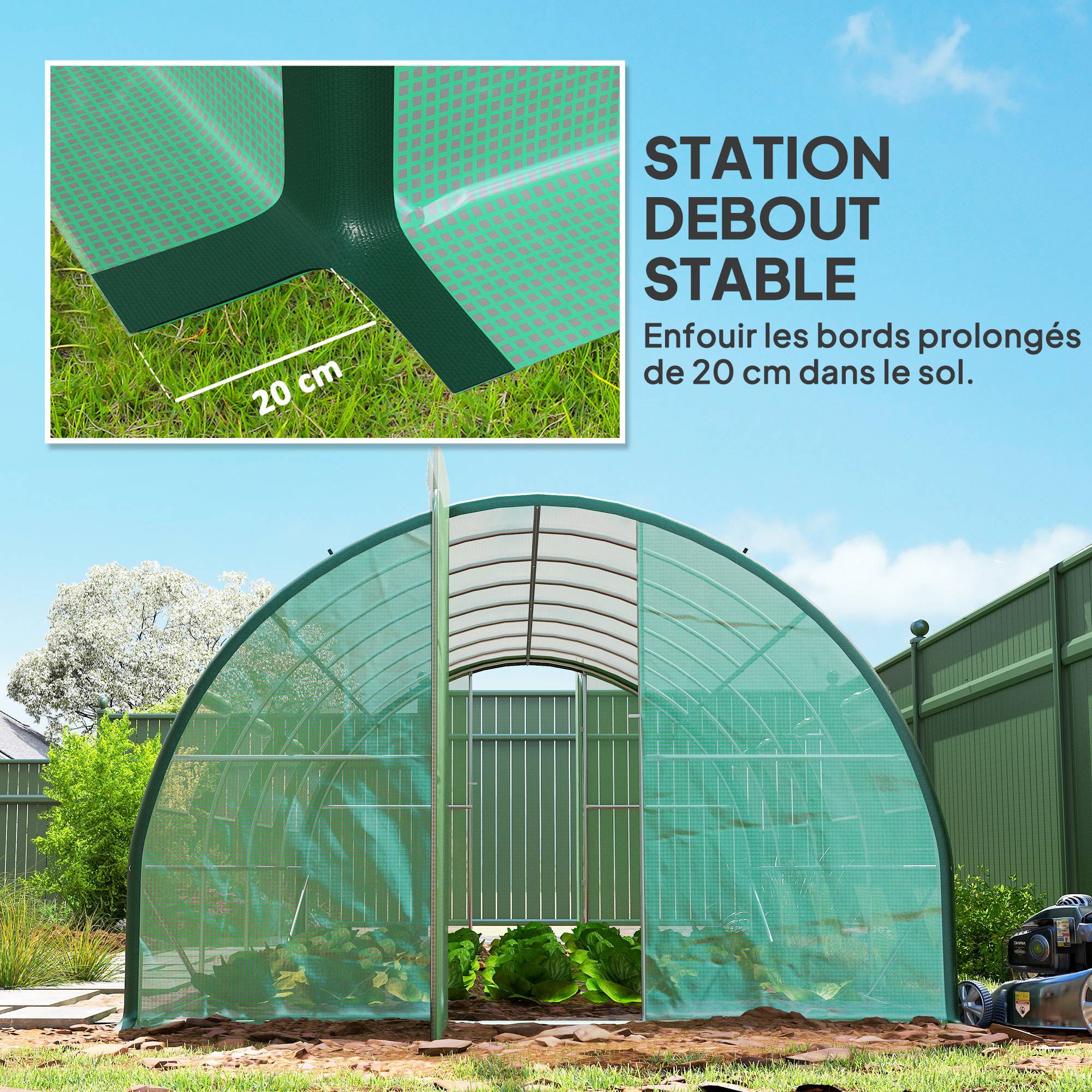 Serre de jardin tunnel serres tunnel 18 m² 8 fenêtres 2 portes articulées toile PE structure en fer galvanisé vert - Image 10