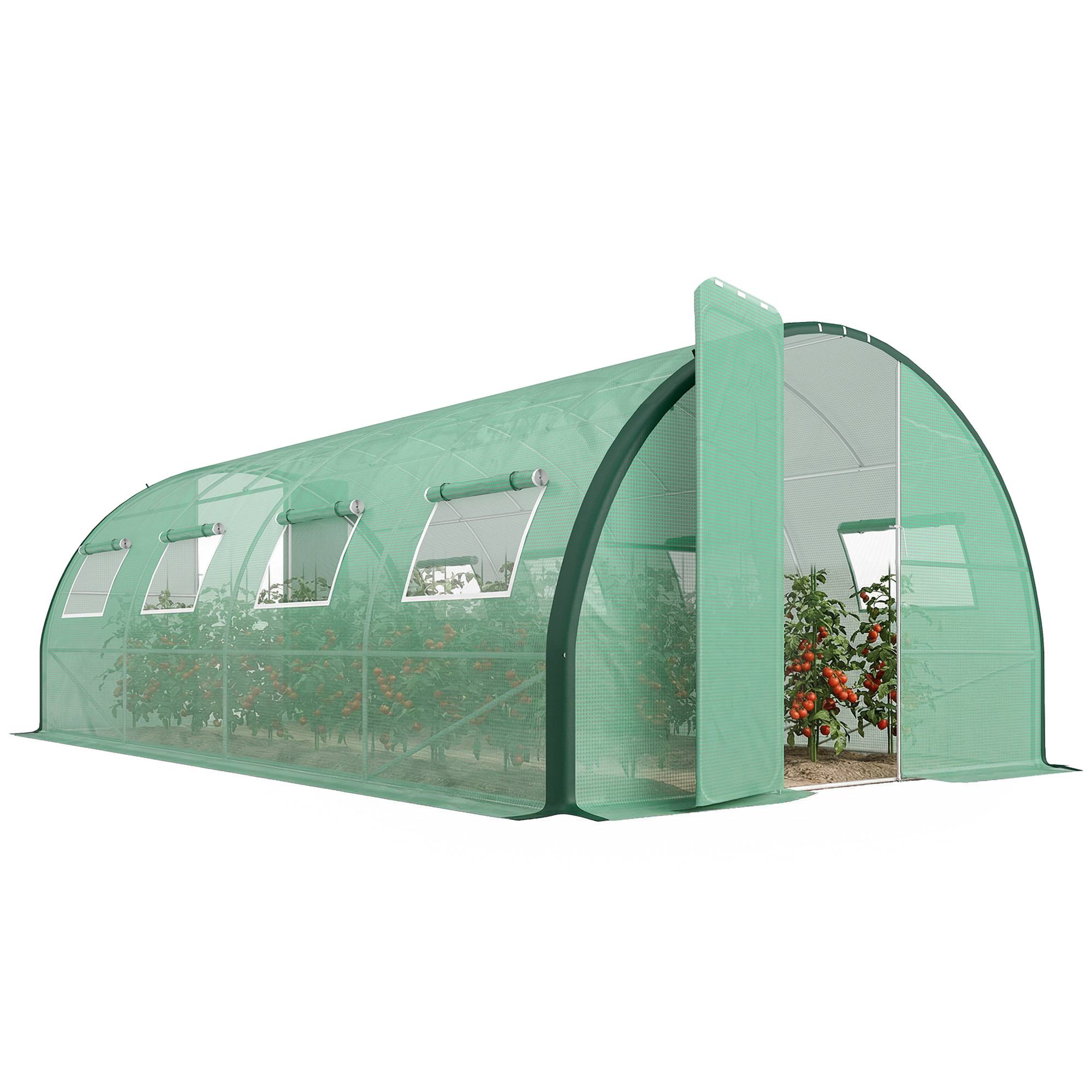 Serre de jardin tunnel serres tunnel 18 m² 8 fenêtres 2 portes articulées toile PE structure en fer galvanisé vert - Image 1