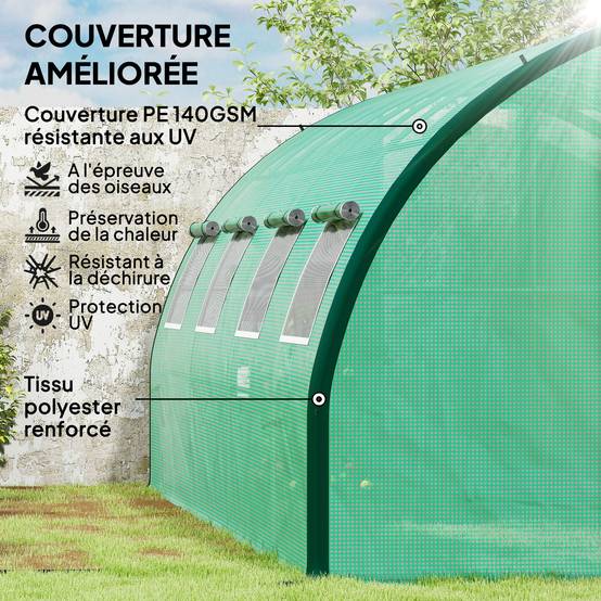 Serre de jardin tunnel serres tunnel 18 m² 8 fenêtres 2 portes articulées toile PE structure en fer galvanisé vert - Image 6