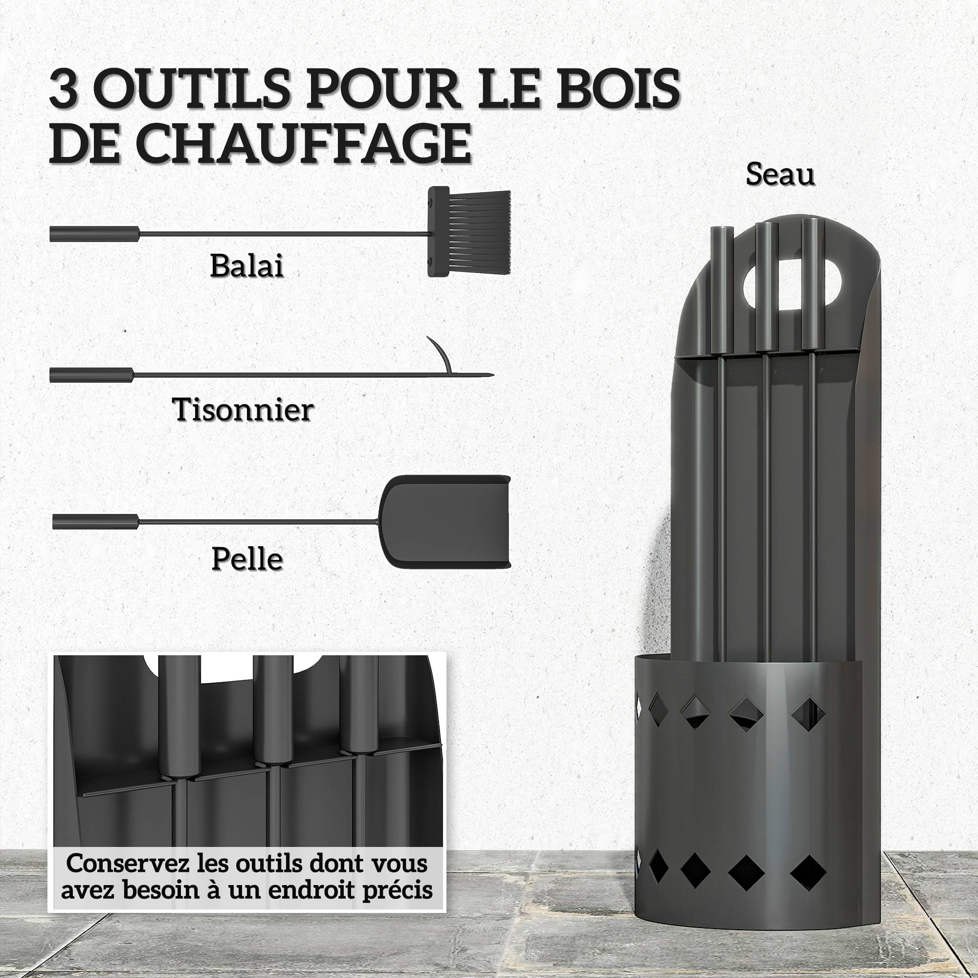 ComfortXL - Serviteur de cheminée 4 pièces en métal noir 20 x 14 x 57 cm avec seau pour entretien et rangement du foyer - Image 4