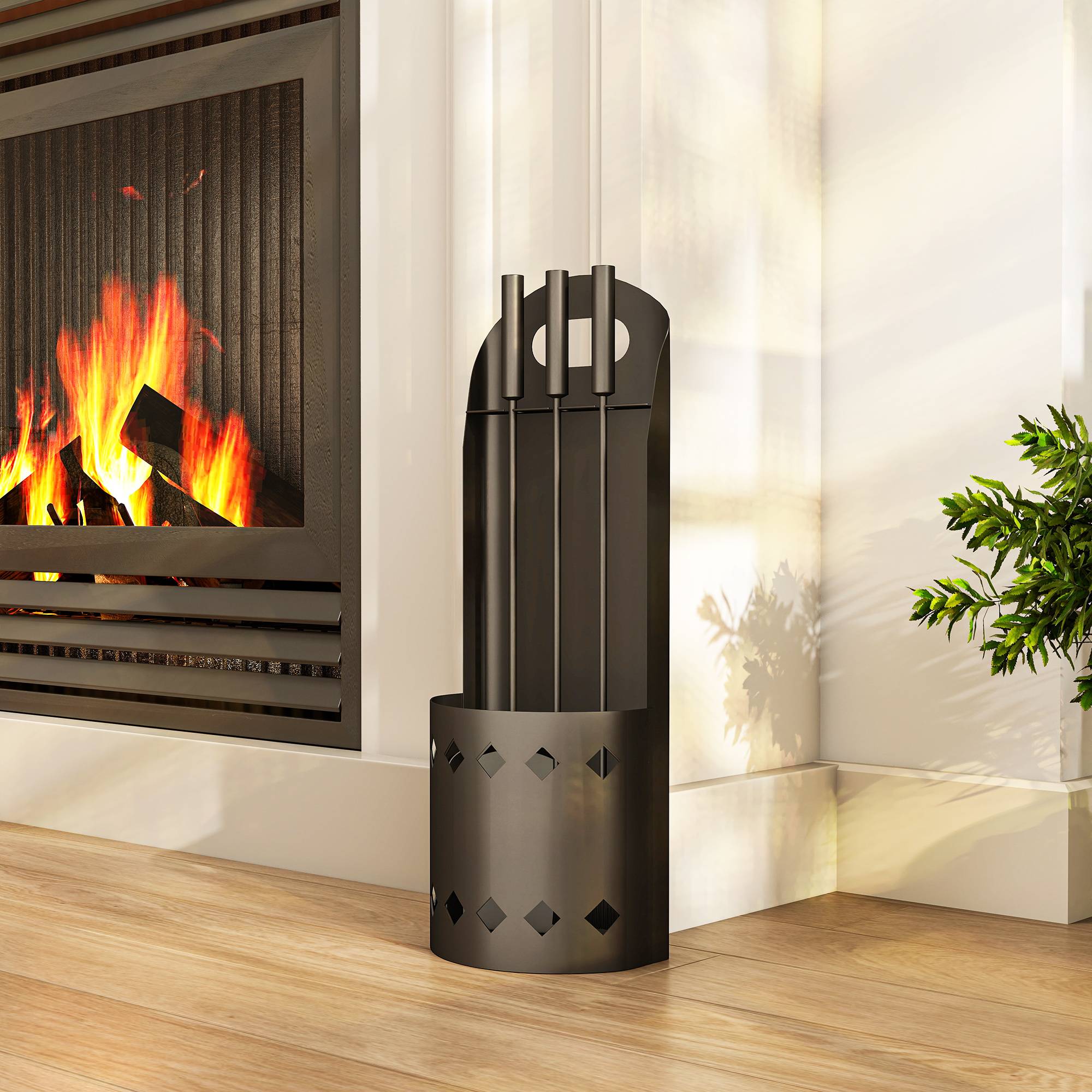 ComfortXL - Serviteur de cheminée 4 pièces en métal noir 20 x 14 x 57 cm avec seau pour entretien et rangement du foyer