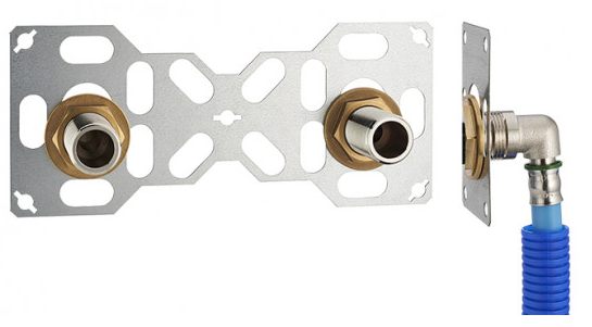 FIXSYSTEM double : kit complet de fixation d'un robinet mural entraxe 150 mm Coudes d'alimentation à sertir profil U sur tube multicouche NOYON & THIE