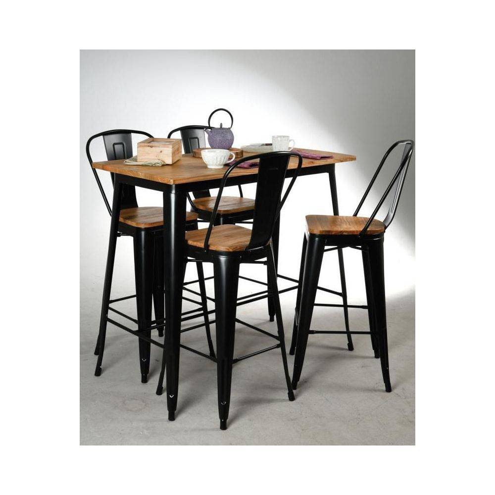 Aubry Gaspard - Tabouret industriel en métal et bois d'orme huilé (Lot de 4) Noir - Image 2