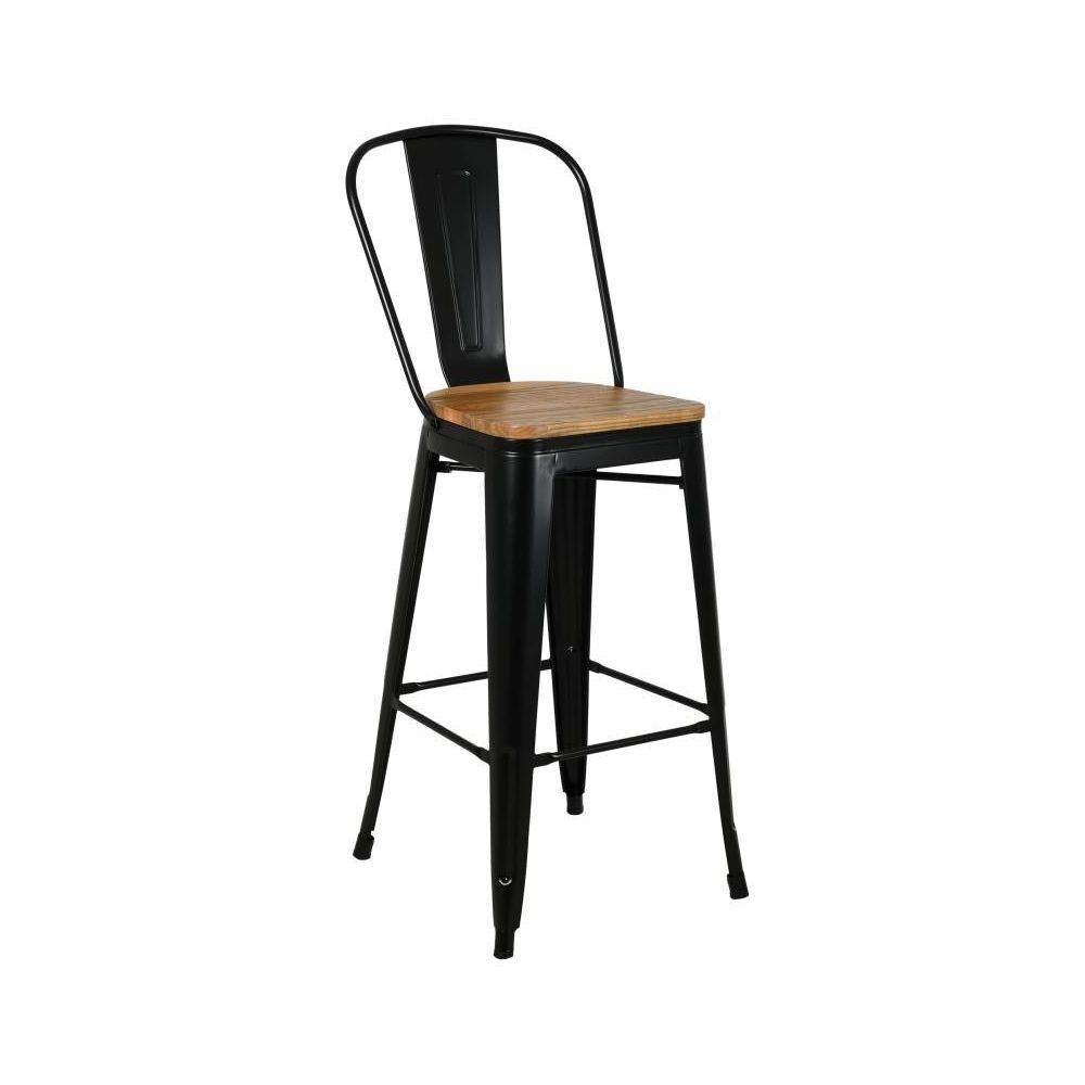 Aubry Gaspard - Tabouret industriel en métal et bois d'orme huilé (Lot de 4) Noir - Image 3