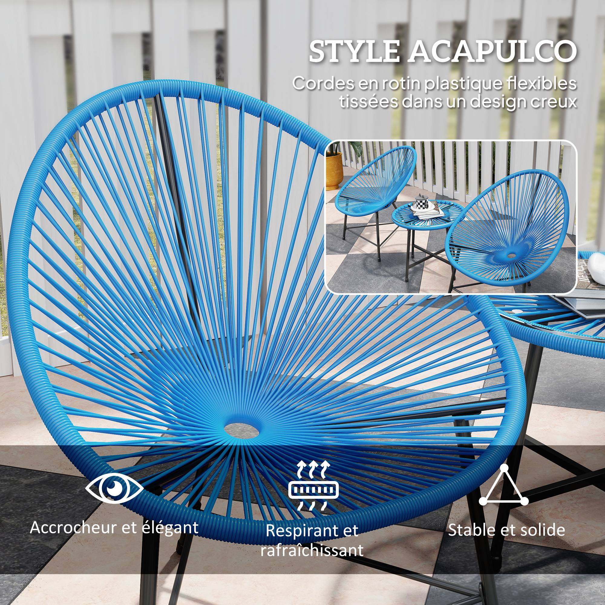 Outsunny - Salon de jardin extérieur 2 personnes table et 2 chaises pour balcon terrasse patio en résine tressée et verre trempé bleu - Outsunny - Image 4