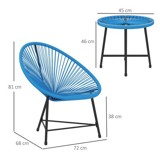 Outsunny - Salon de jardin extérieur 2 personnes table et 2 chaises pour balcon terrasse patio en résine tressée et verre trempé bleu - Outsunny - Image 3