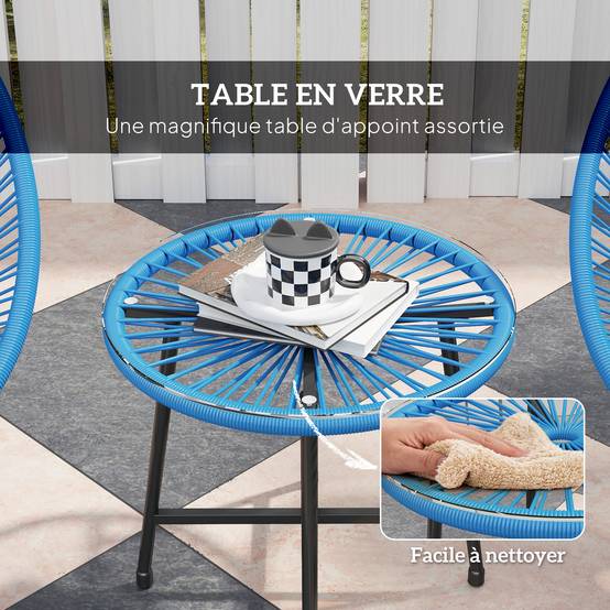 Outsunny - Salon de jardin extérieur 2 personnes table et 2 chaises pour balcon terrasse patio en résine tressée et verre trempé bleu - Outsunny - Image 5