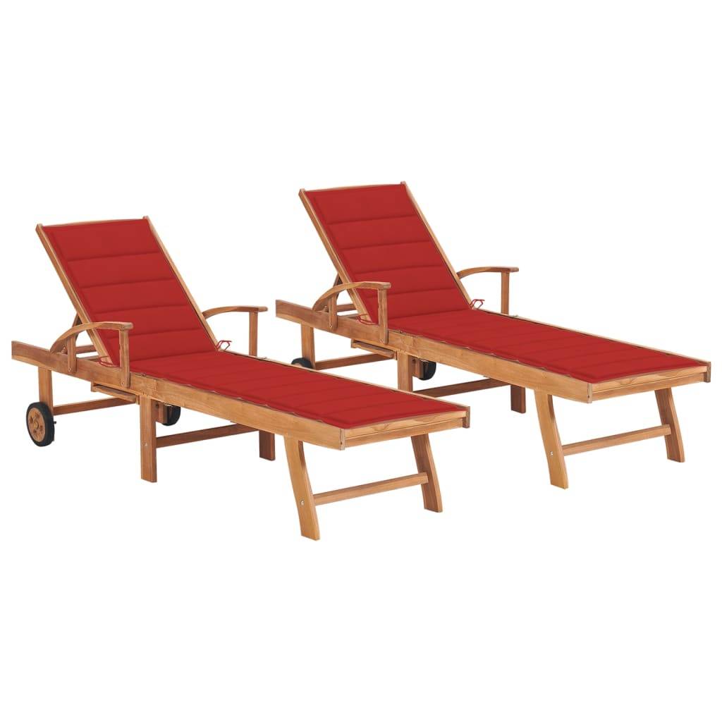 Helloshop26 - Lot de 2 transats chaise longue bain de soleil lit de jardin terrasse meuble d'extérieur avec coussin rouge bois de teck solide - Image 1