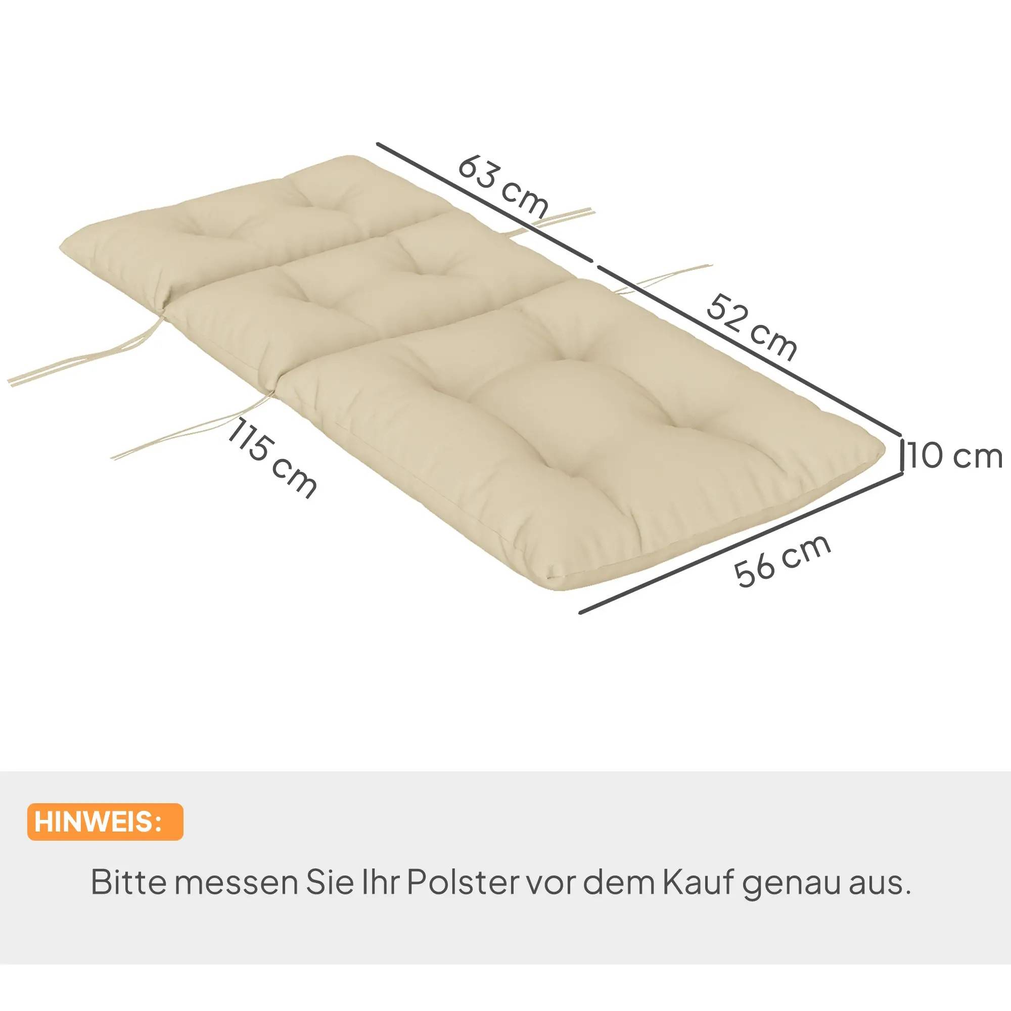 Coussin de siège avec dos, 115 x 56 x 10 cm, beige, polyester, résistant à l'eau - PANGIVO - Image 3