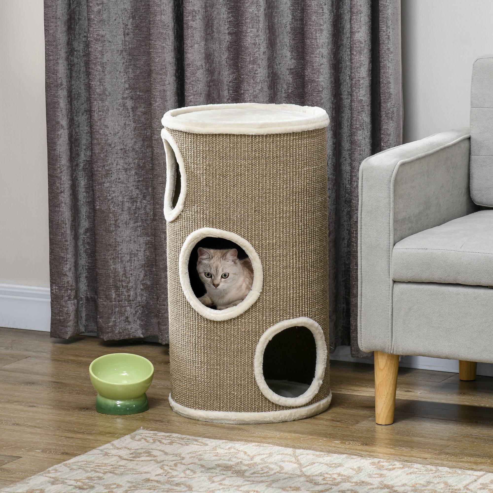 Maison pour chat à 3 niveaux avec griffoir en sisal et peluche, Ø38 x 70 cm, marron - Image 4