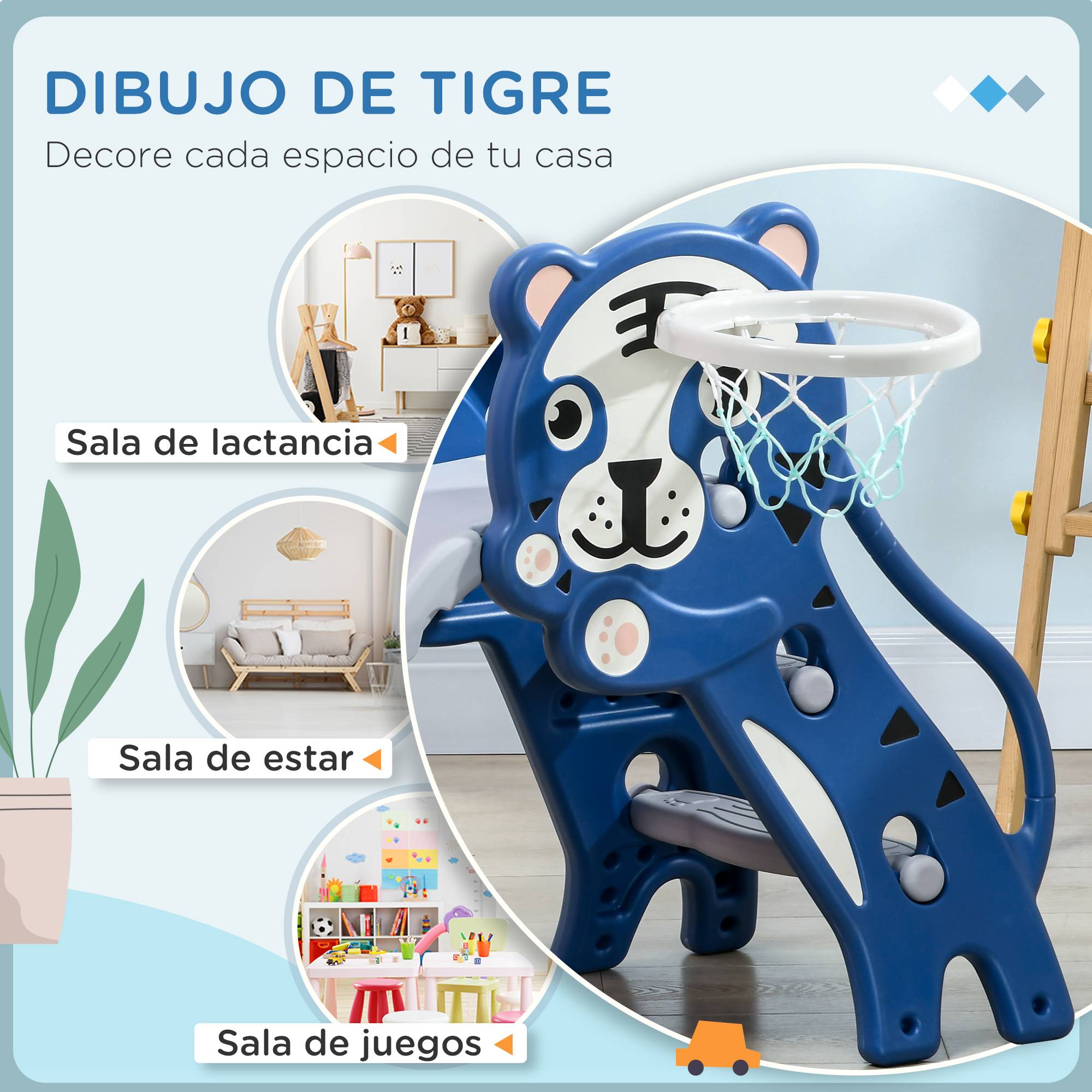 Toboggan pour enfants de 18 à 36 mois avec 2 échelles, 1 panier de basket et motif tigre 133 x 60 x 70 cm Bleu et gris - Image 7
