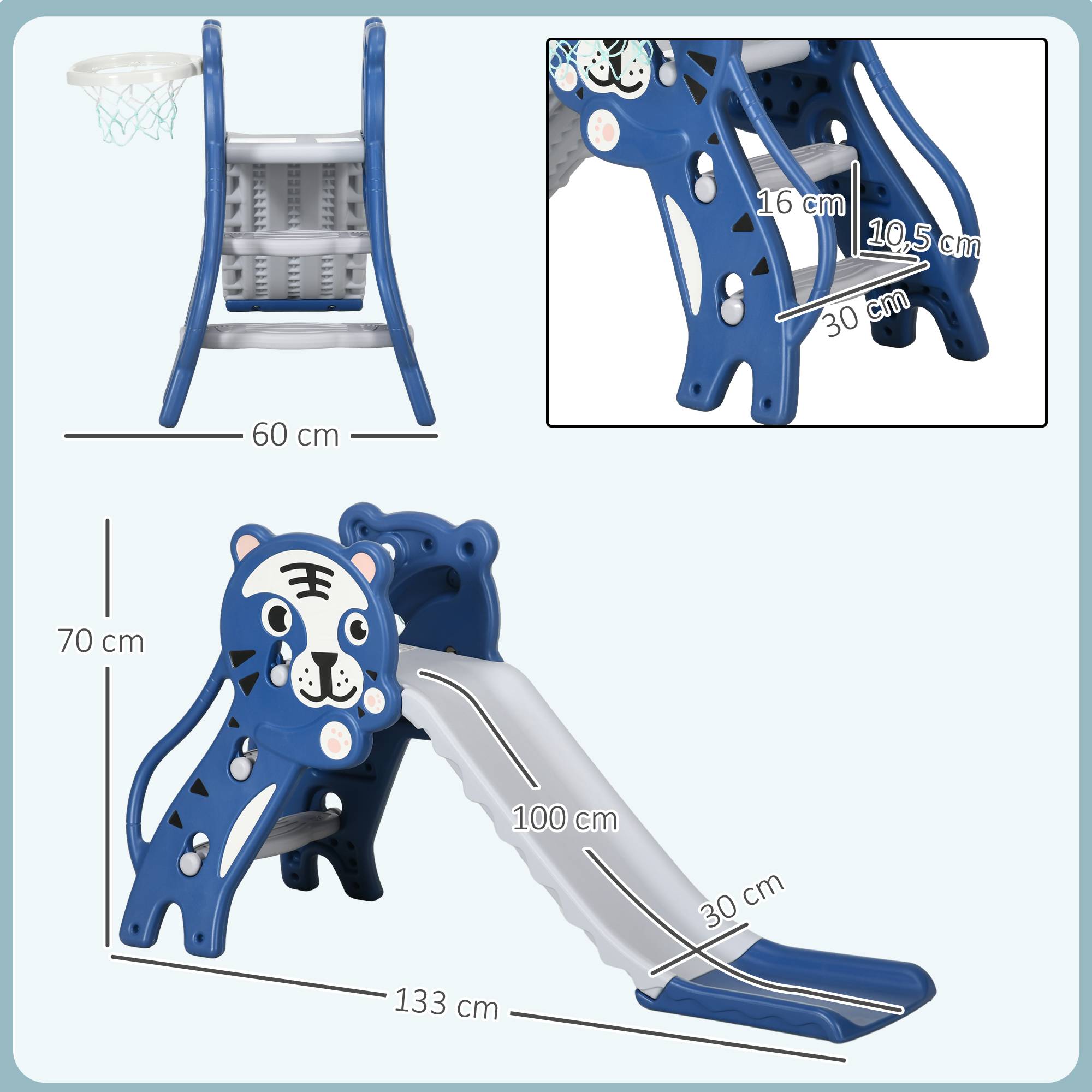 Toboggan pour enfants de 18 à 36 mois avec 2 échelles, 1 panier de basket et motif tigre 133 x 60 x 70 cm Bleu et gris - Image 5