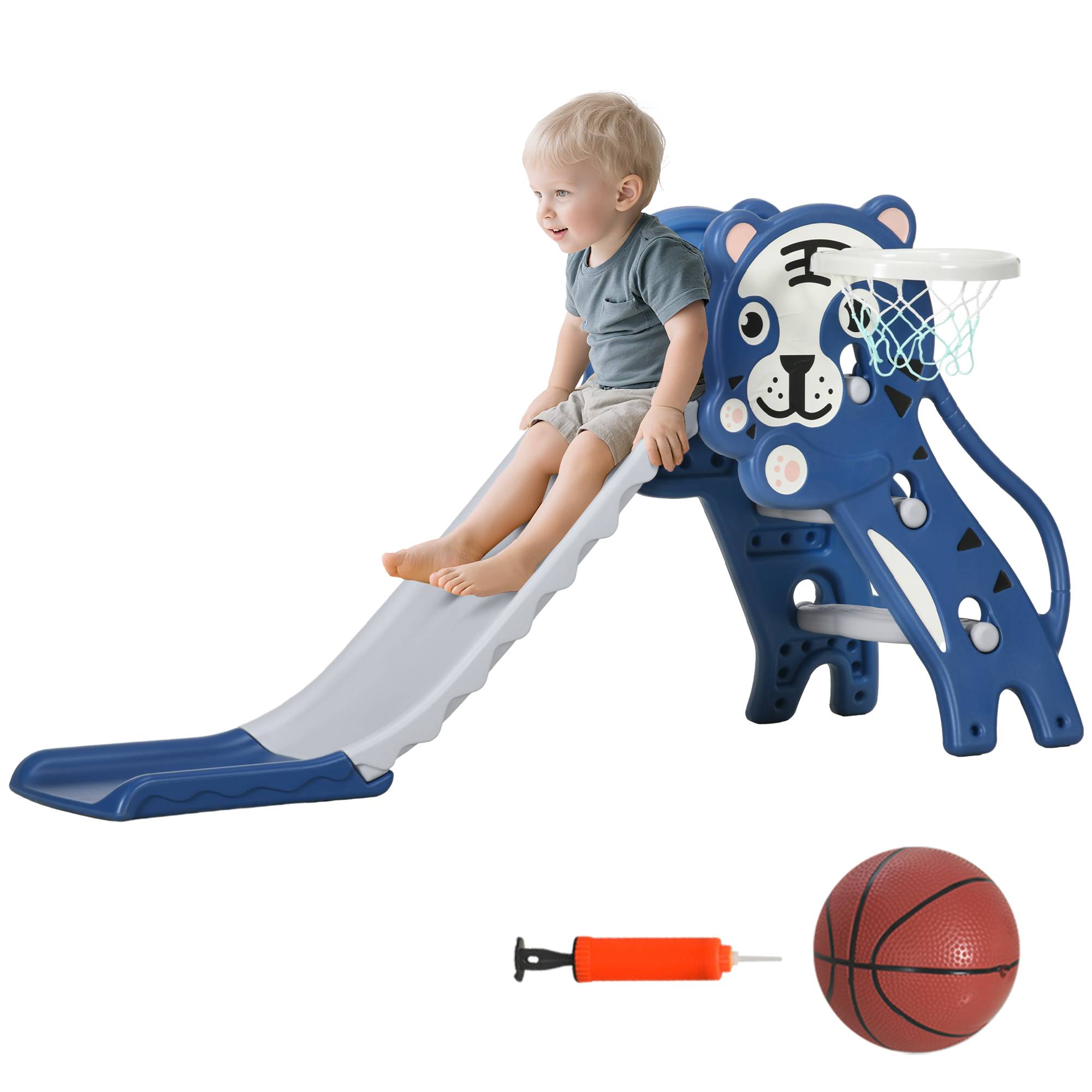 Toboggan pour enfants de 18 à 36 mois avec 2 échelles, 1 panier de basket et motif tigre 133 x 60 x 70 cm Bleu et gris - Image 1