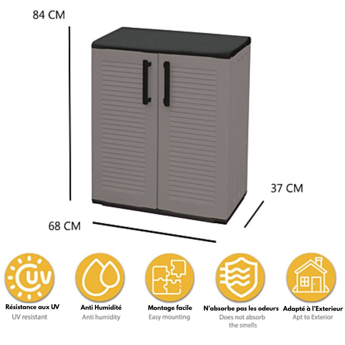 Armoire de Rangement Grise Armoire basse 2 portes Polypropylène - Meuble de rangement 68 x 37 x h84 cm ArtPlast - Image 2
