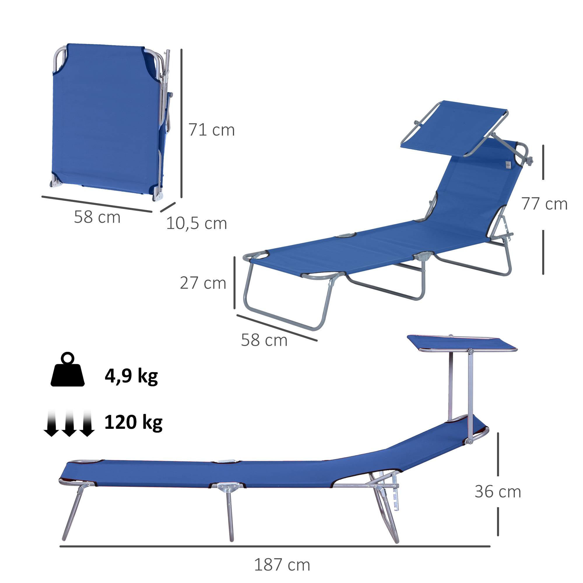 Transat Bain de Soleil Pliable Chaise Longue Grand Confort - 187x58x36cm Métal Bleu fr573 - Image 5