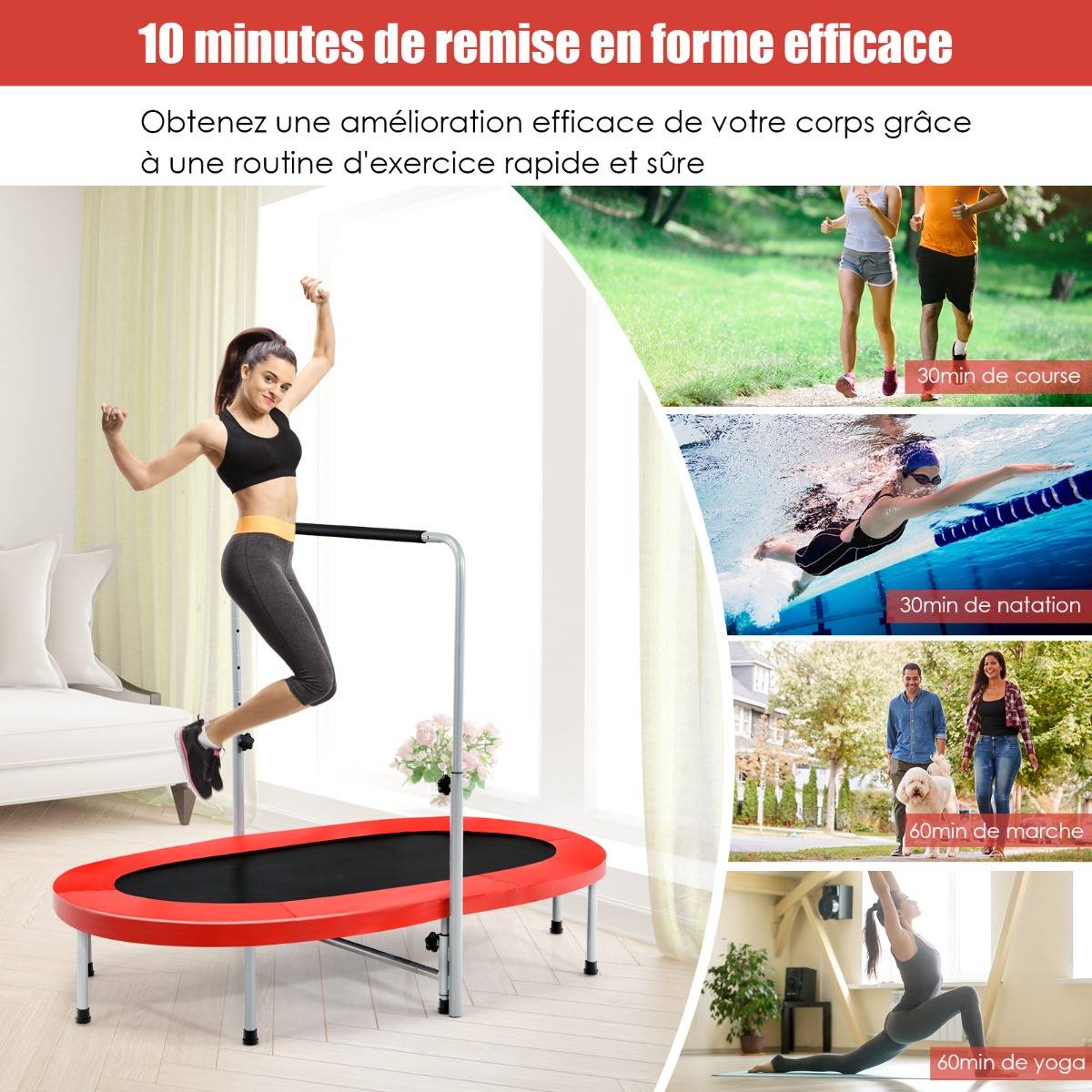 Maison Chic - Trampoline Pliable pour 2 Enfants Intérieur/Extérieur avec Main Courante Ajustable Coussin Tapis de Saut Charge 150kg Rouge - Image 3