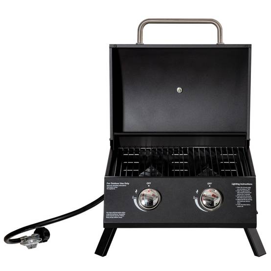 Barbecue à Gaz de Table Portable 2 Brûleurs 5 kW, Pieds Pliables, Thermomètre, Noir - Image 2