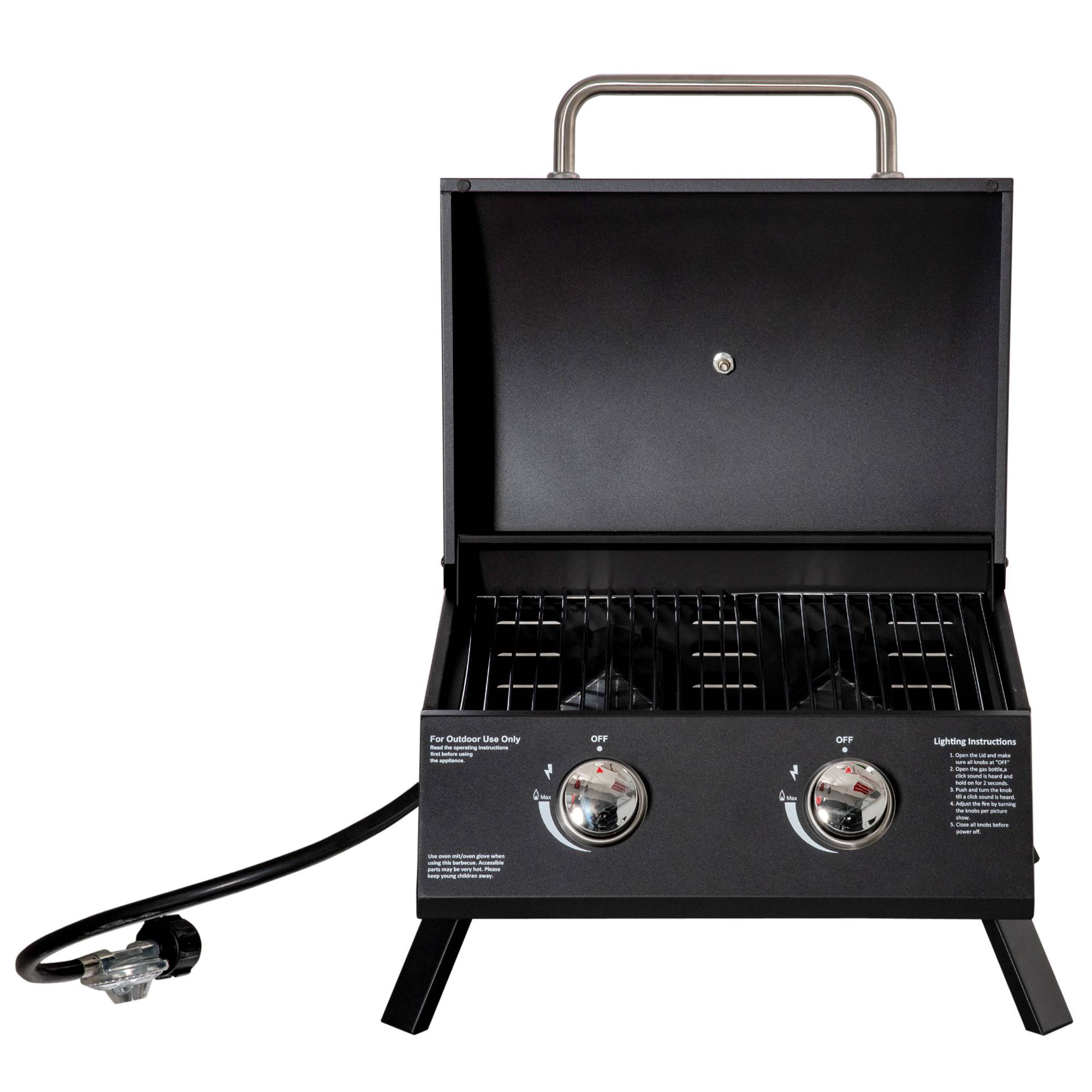 Barbecue à Gaz de Table Portable 2 Brûleurs 5 kW, Pieds Pliables, Thermomètre, Noir - Image 2