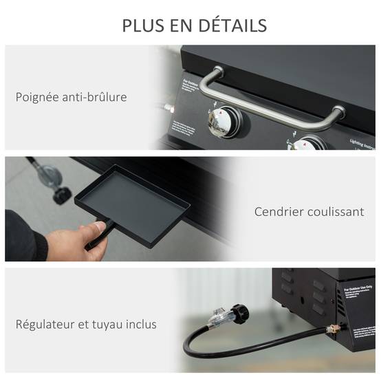 Barbecue à Gaz de Table Portable 2 Brûleurs 5 kW, Pieds Pliables, Thermomètre, Noir - Image 8