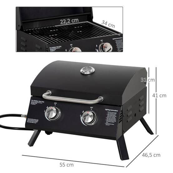 Barbecue à Gaz de Table Portable 2 Brûleurs 5 kW, Pieds Pliables, Thermomètre, Noir - Image 5