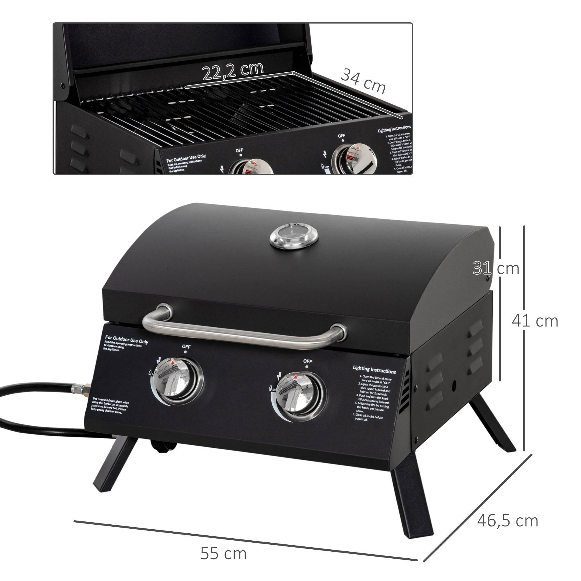 Barbecue à Gaz de Table Portable 2 Brûleurs 5 kW, Pieds Pliables, Thermomètre, Noir - Image 5