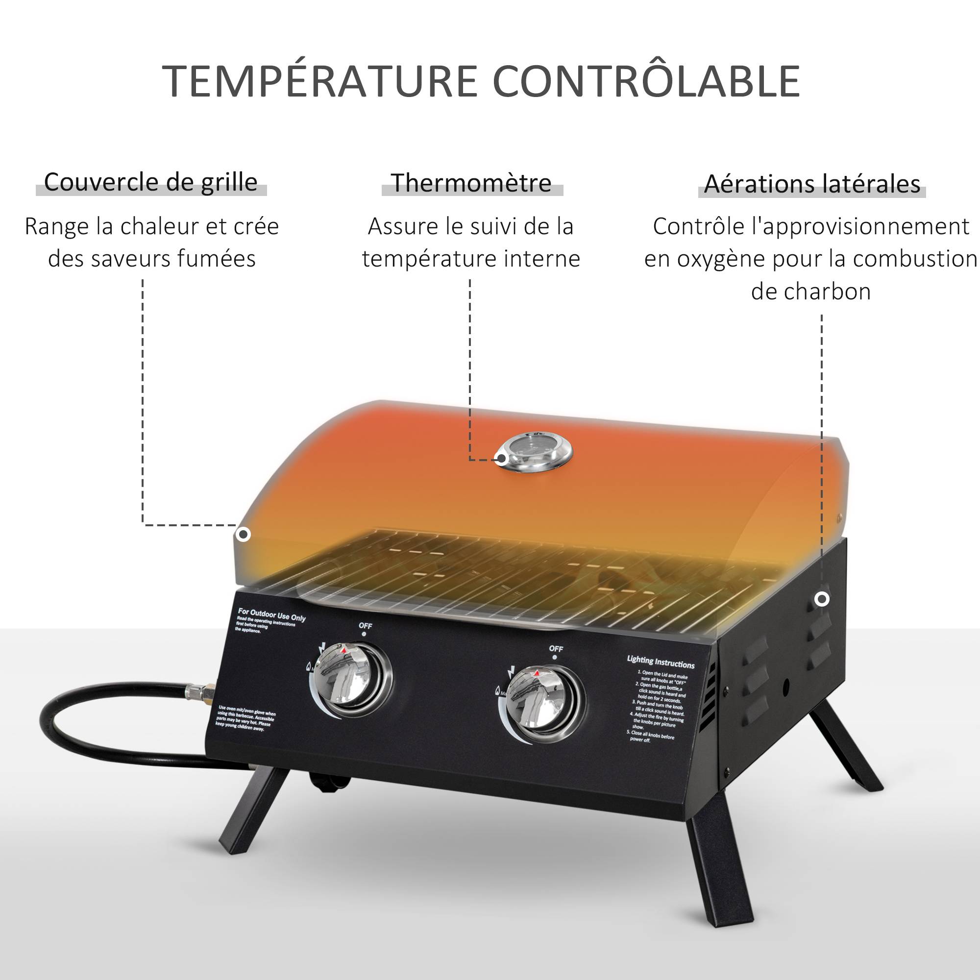 Barbecue à Gaz de Table Portable 2 Brûleurs 5 kW, Pieds Pliables, Thermomètre, Noir - Image 6