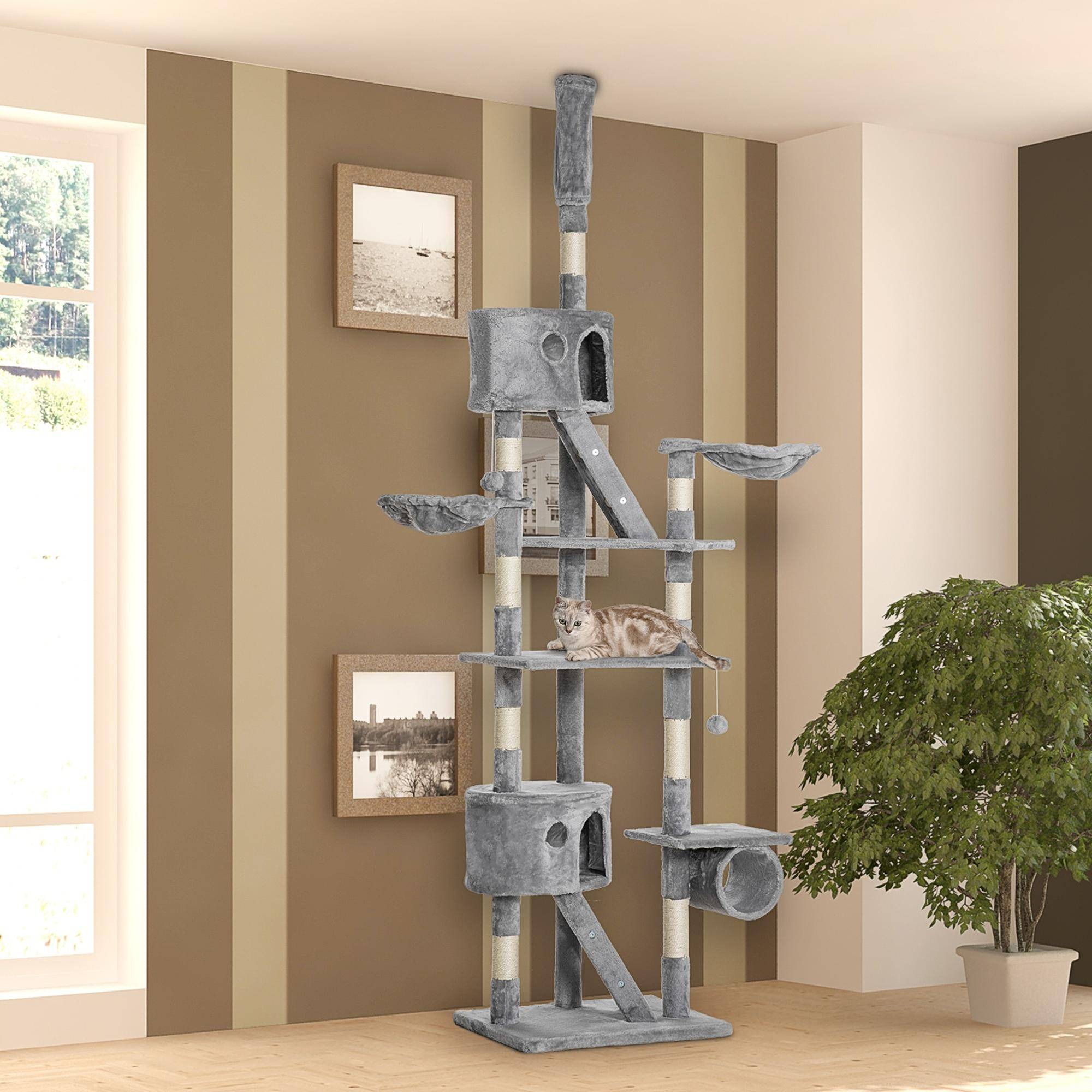 Sans Marque - Arbre à chat XXL 260 cm avec hamac, niche, balles et griffoir sisal gris - Image 4