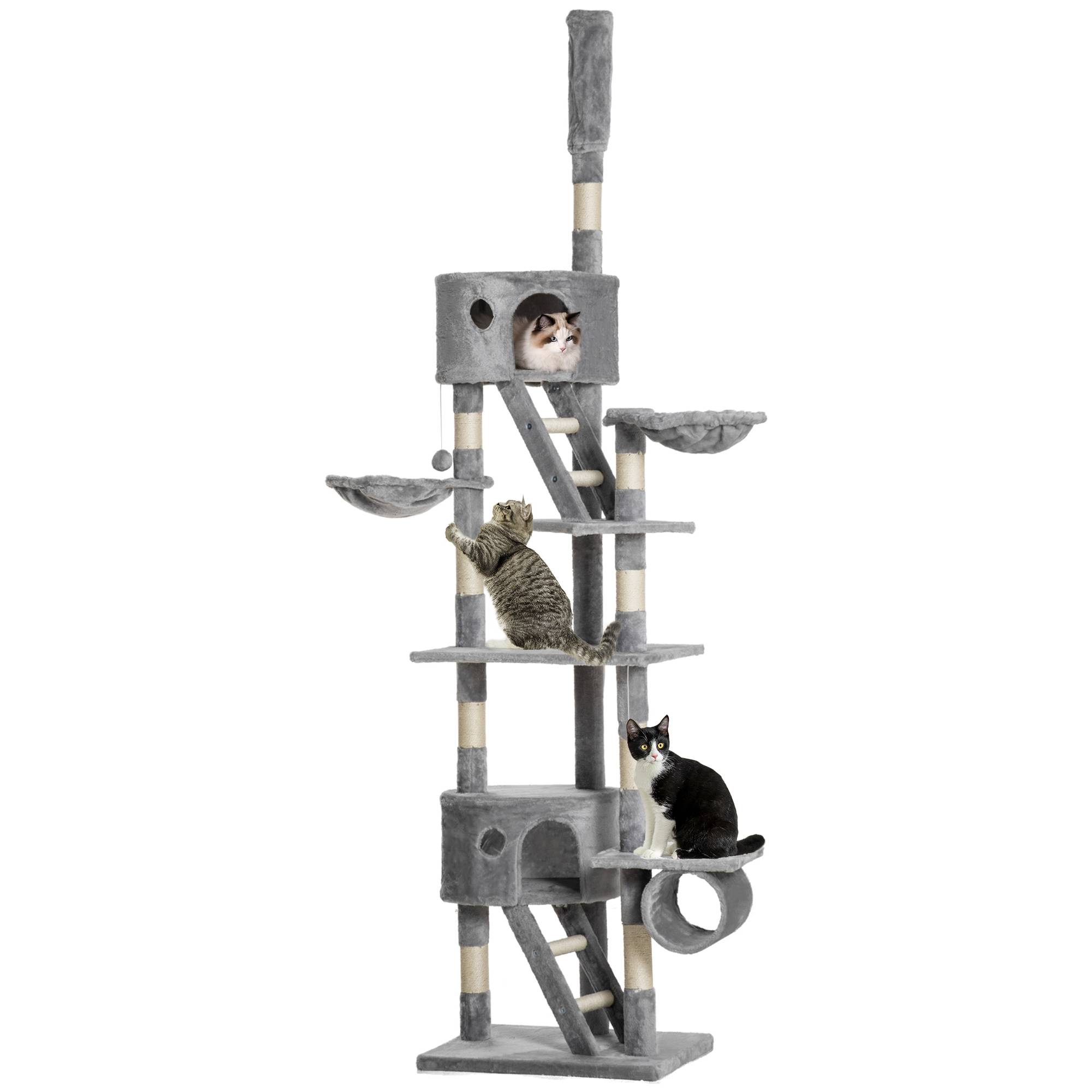 Sans Marque - Arbre à chat XXL 260 cm avec hamac, niche, balles et griffoir sisal gris - Image 1
