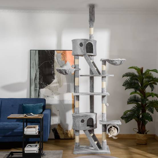 Sans Marque - Arbre à chat XXL 260 cm avec hamac, niche, balles et griffoir sisal gris - Image 3
