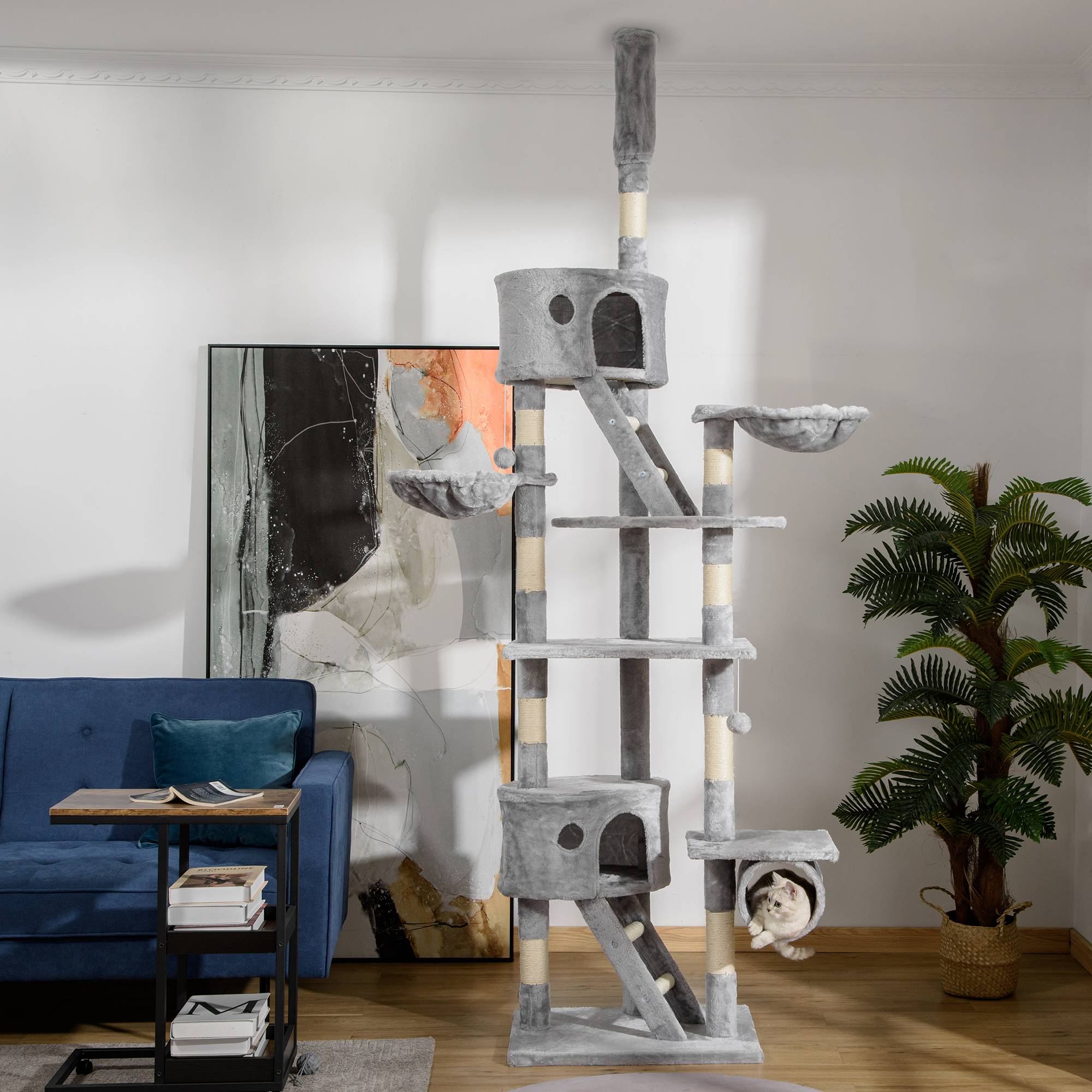 Sans Marque - Arbre à chat XXL 260 cm avec hamac, niche, balles et griffoir sisal gris - Image 3