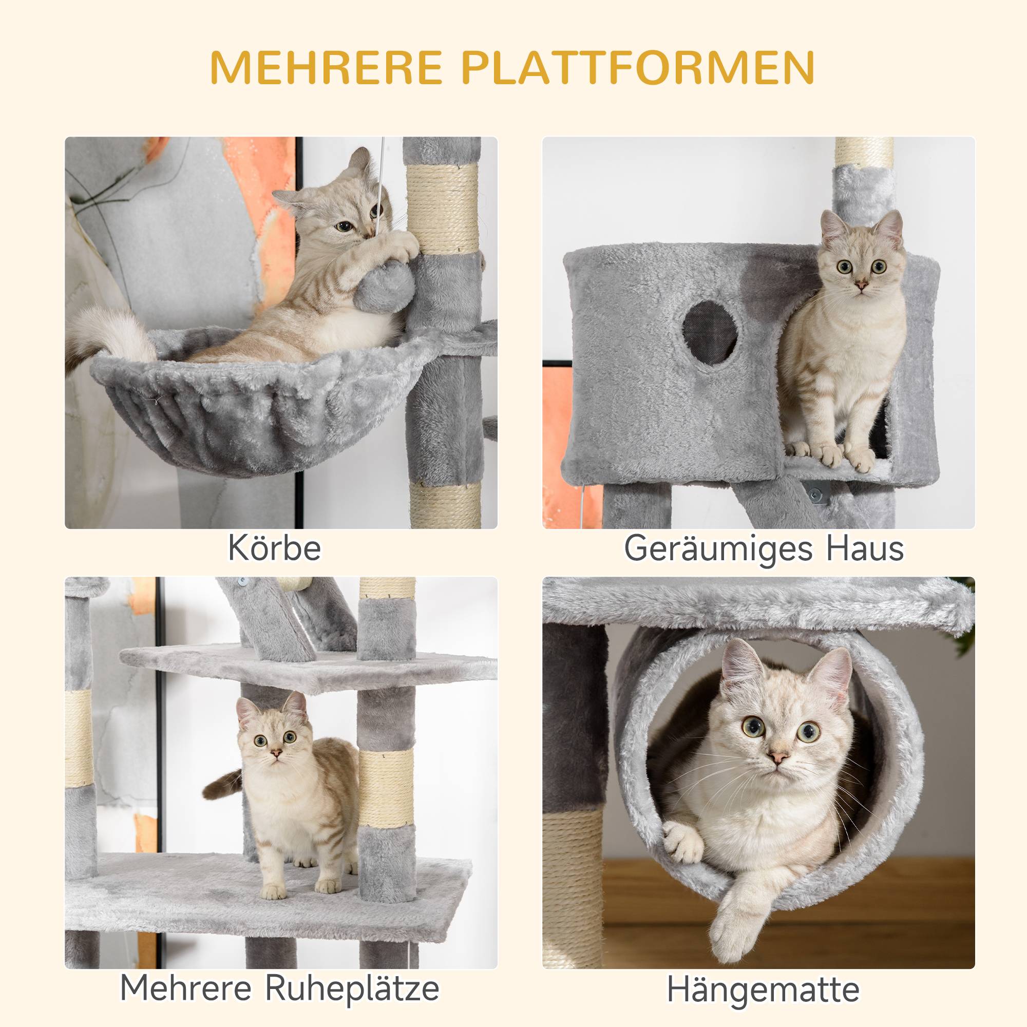 Sans Marque - Arbre à chat XXL 260 cm avec hamac, niche, balles et griffoir sisal gris - Image 7