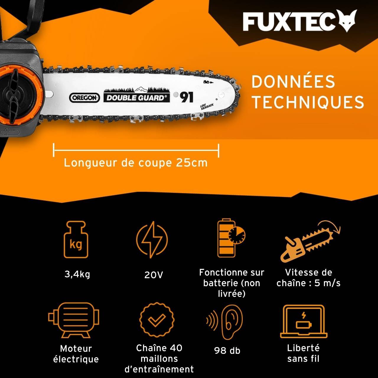 FUXTEC - Tronçonneuse batterie - FUXTEC FX-E1KS20 - 20V Guide 10 pouces - Sans batterie ni chargeur - Image 3