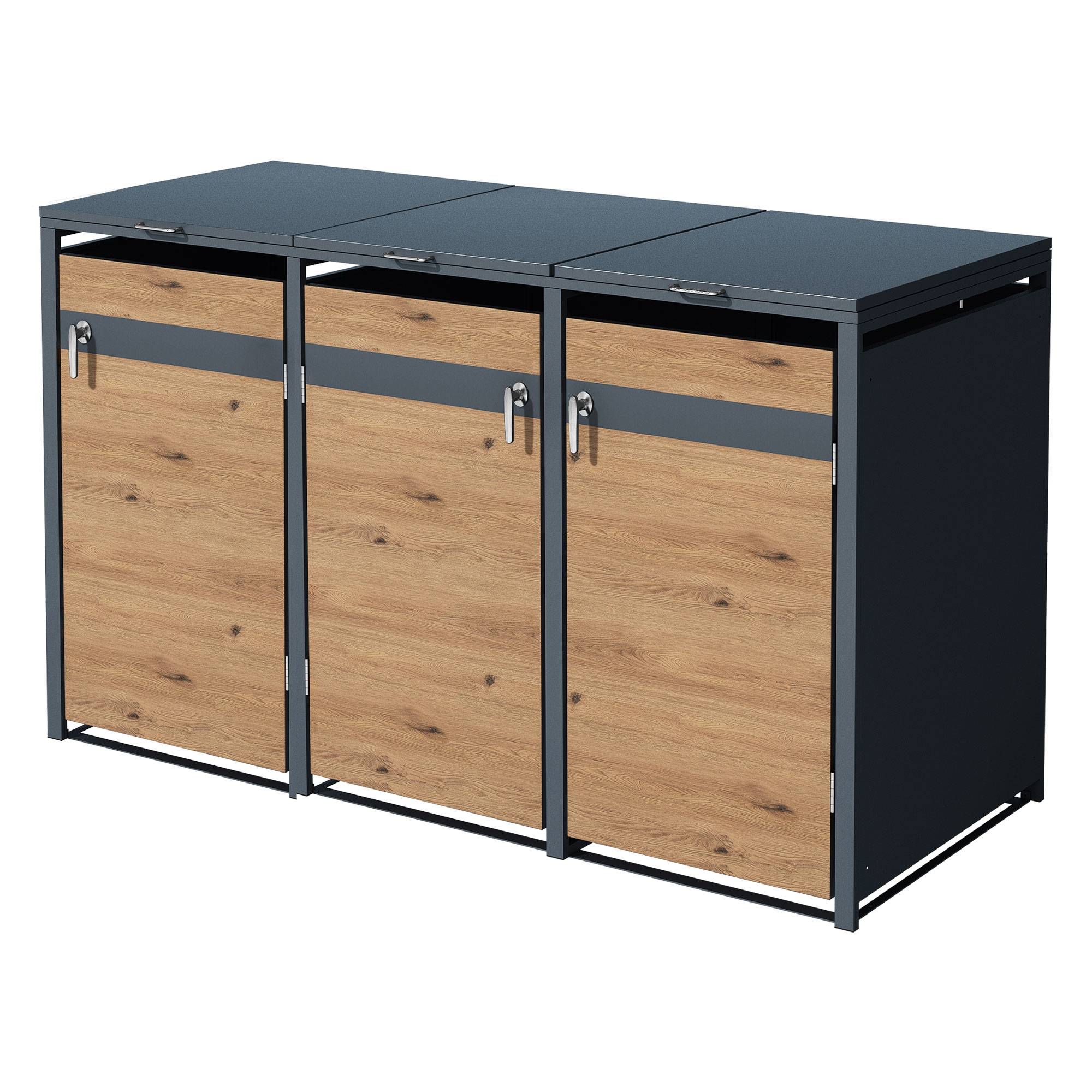 Abri pour 3 poubelles 200x80x116,3 cm capacité de 60L à 240L anthracite/aspect chêne acier couvercle rabattable/3 portes résistant aux intempéries - Image 1